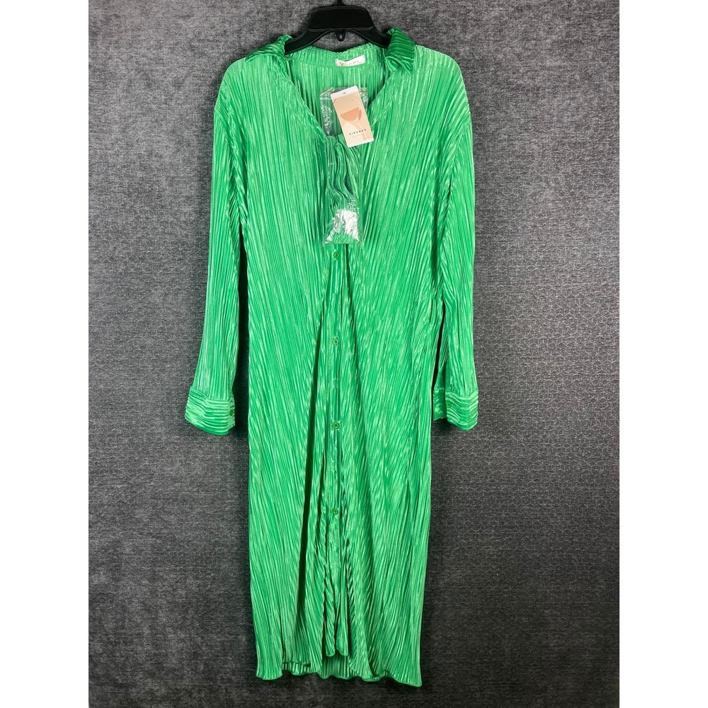 Kirundo Green Pleated Button Down Shirt Dress Long Sleeve‎ Midi NWT Size M